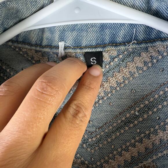 Denim Jacket Floral Embroidery Suede Fringe Western - Picture 3 of 5